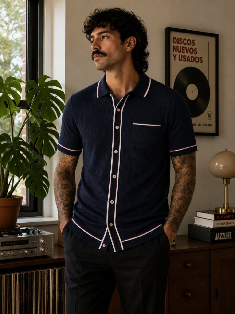 Large Men's Short Sleeve Full Placket RIVIERA Knit Polo Shirt Piped MOD 60s Blue